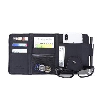PU Leather Car Sun Visor Organizer Bag Multi-Function Sun Visor Cover with Zipper Card Slots Smart Phone Storage Pouch Sunglass